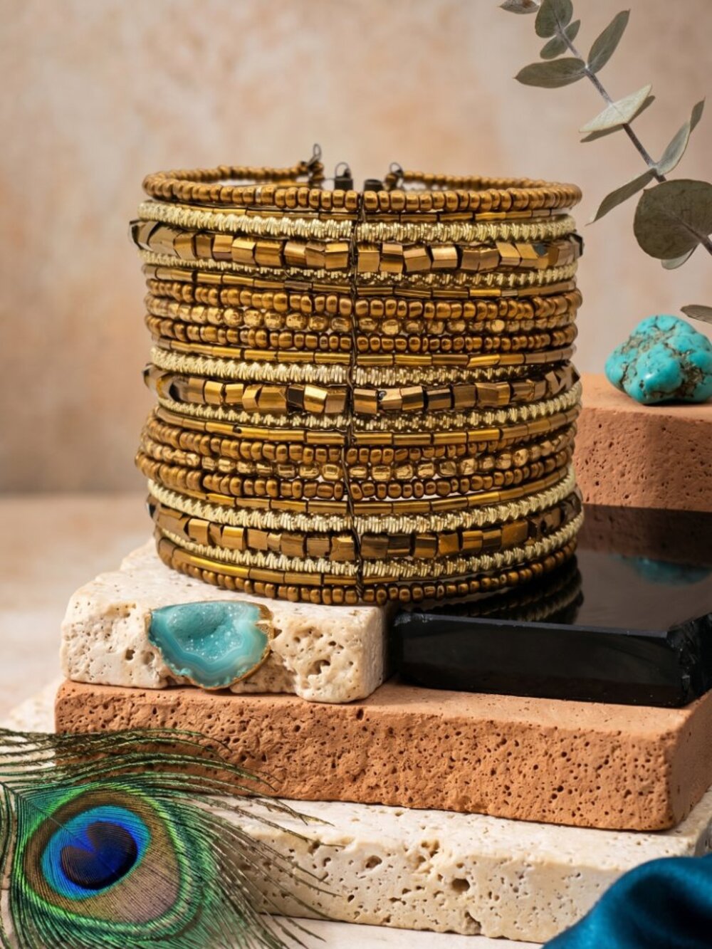 Indian Artisanal Beaded Golden Stacked Bracelet Handmade Boho Chic Jewelry